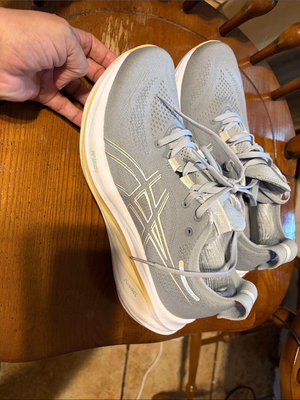 Asics Light Gray Athletic Running Shoes with Pale Yellow Accents